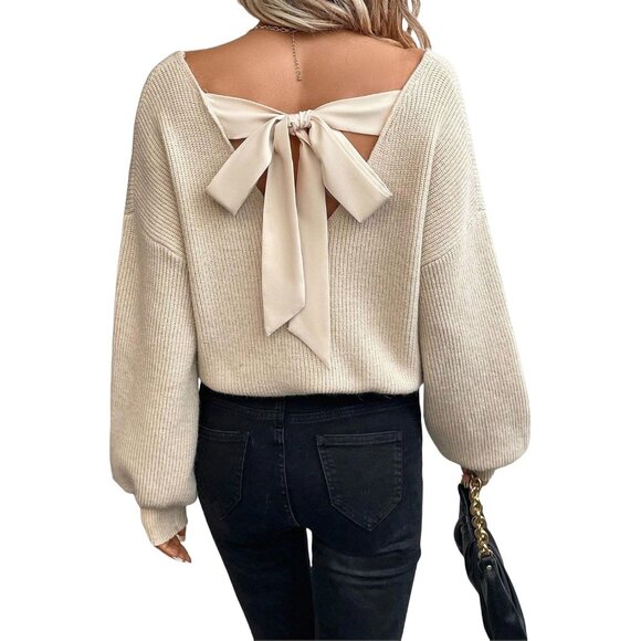 V Neck Sweater Women Knit Off Shoulder Long Sleeve Top Tie Back Apricot - Picture 1 of 6